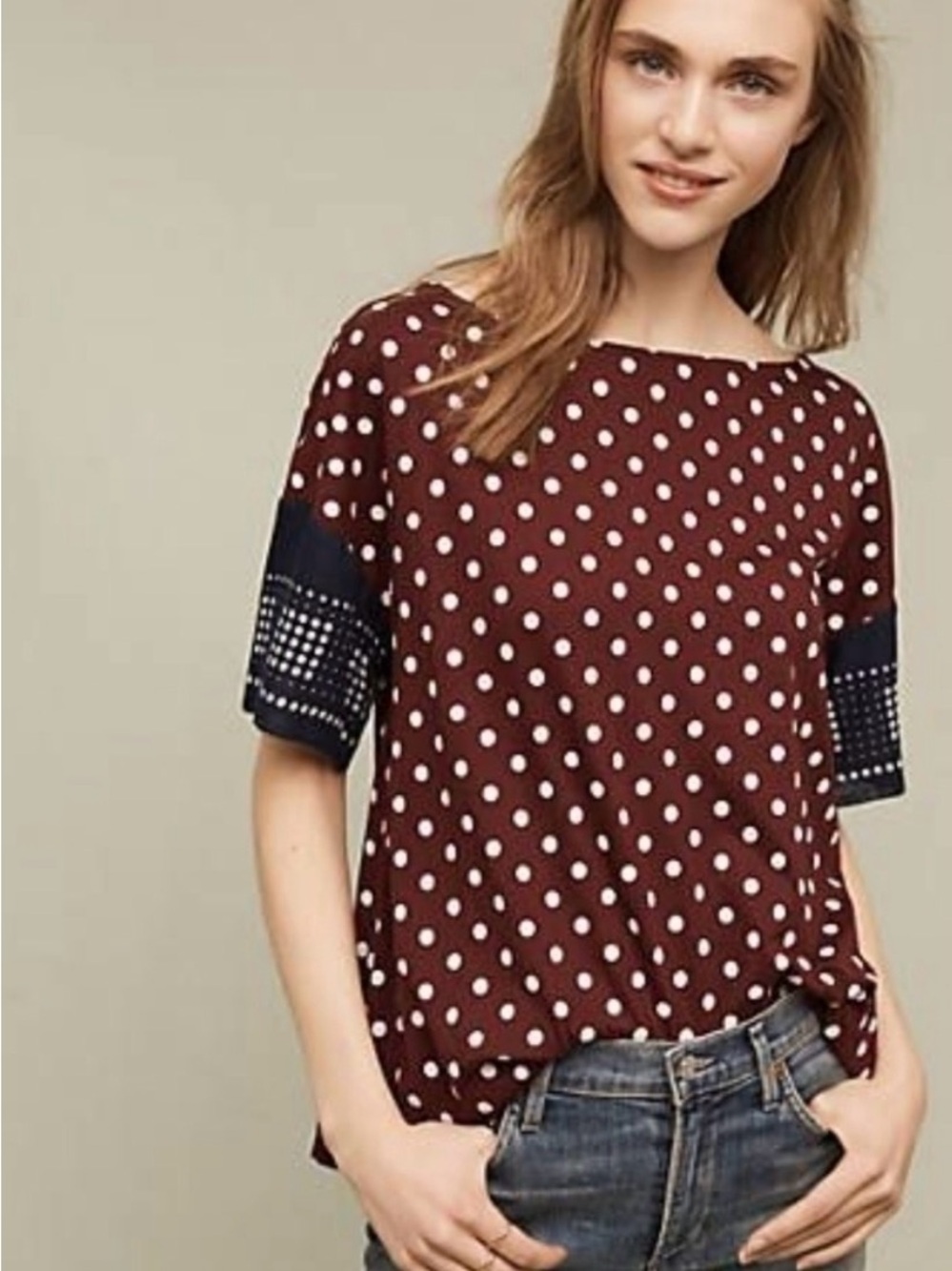 Anthropologie Lili’S Closet Polka Dot Short Sleeve Top in Wine S